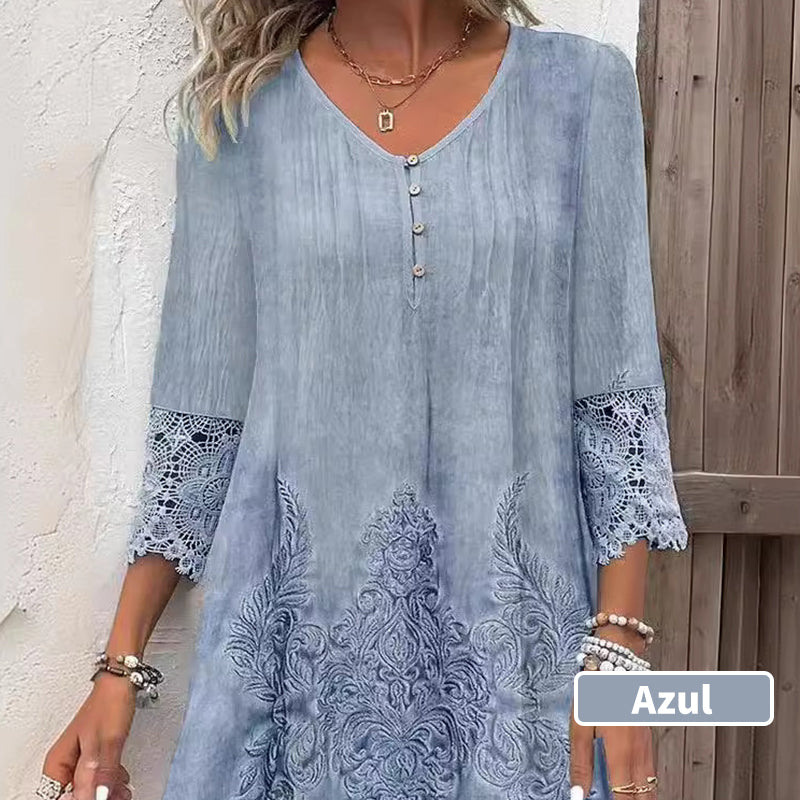 🔥Promotions du début de l'été🔥Robe élégante en dentelle à manches mi-longues et col en V pour femmes(53 % de réduction)
