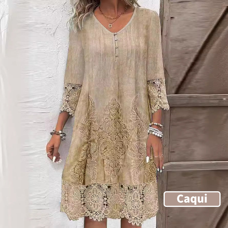 🔥Promotions du début de l'été🔥Robe élégante en dentelle à manches mi-longues et col en V pour femmes(53 % de réduction)