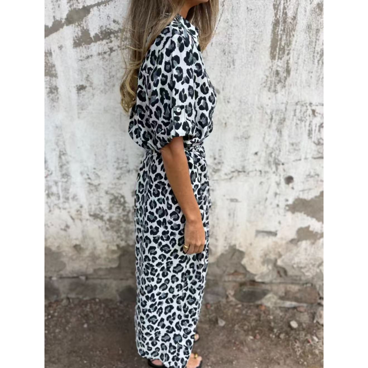 ⏳Réduction de 50 % pour l'été💥Robe longue à col en V et imprimé léopard