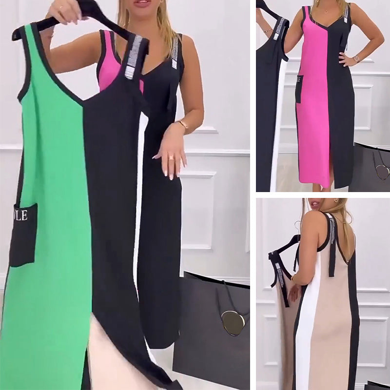 🌸Réduction de 53% pour l'été 💐 Robe en tricot sans manches à col en V et à couleurs contrastées