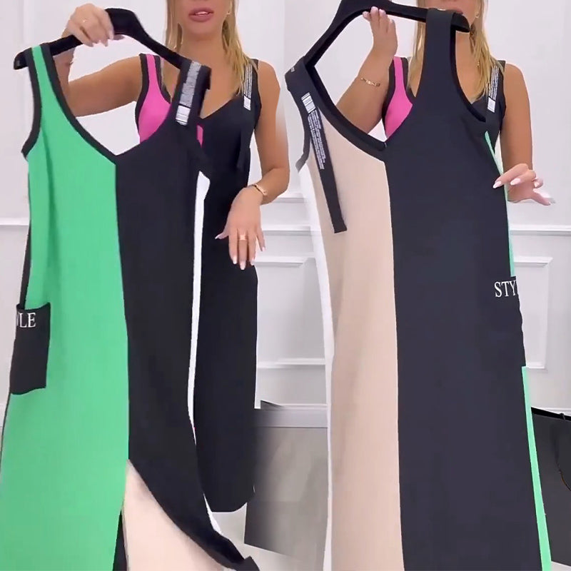 🌸Réduction de 53% pour l'été 💐 Robe en tricot sans manches à col en V et à couleurs contrastées
