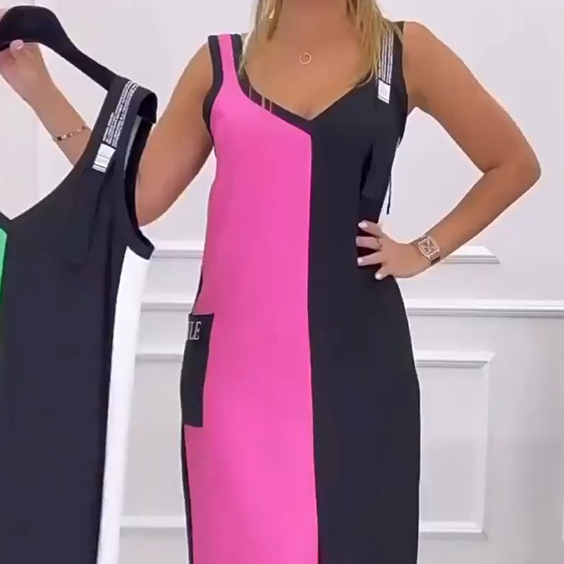 🌸Réduction de 53% pour l'été 💐 Robe en tricot sans manches à col en V et à couleurs contrastées