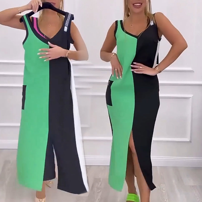 🌸Réduction de 53% pour l'été 💐 Robe en tricot sans manches à col en V et à couleurs contrastées