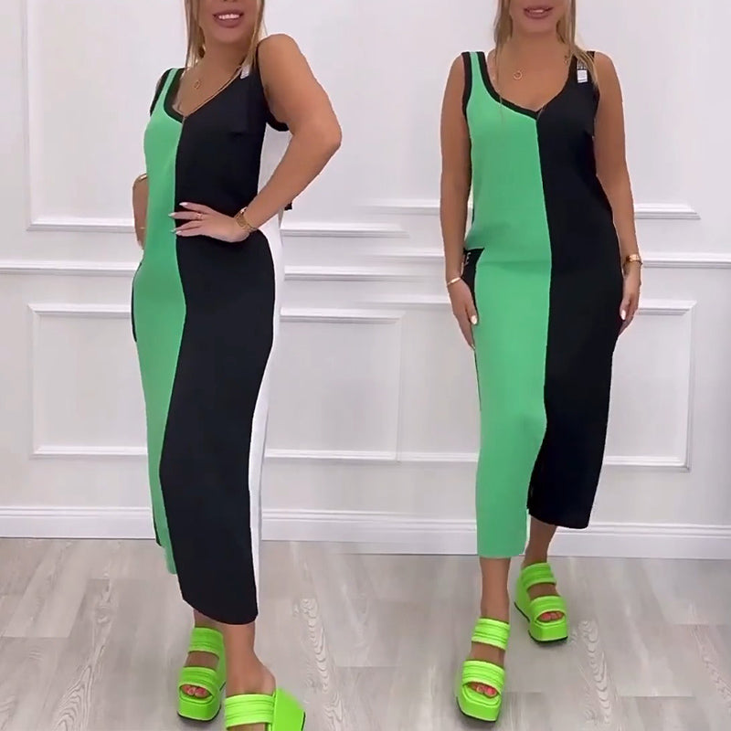 🌸Réduction de 53% pour l'été 💐 Robe en tricot sans manches à col en V et à couleurs contrastées