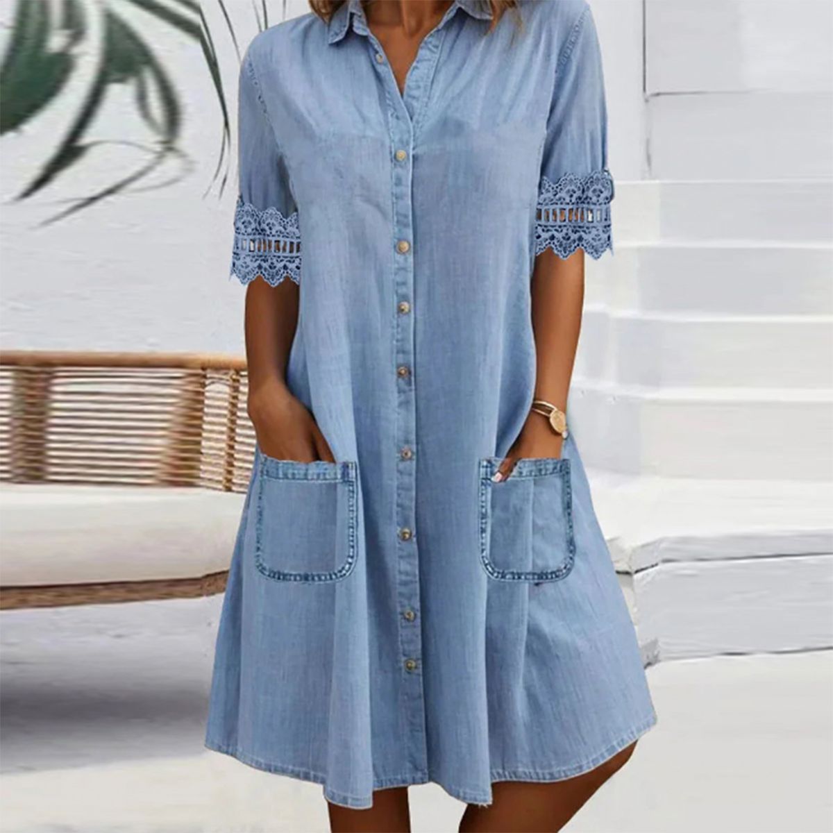 🎁53 % de réduction🔥Mini-robe bleue simple en denim avec col et dentelle