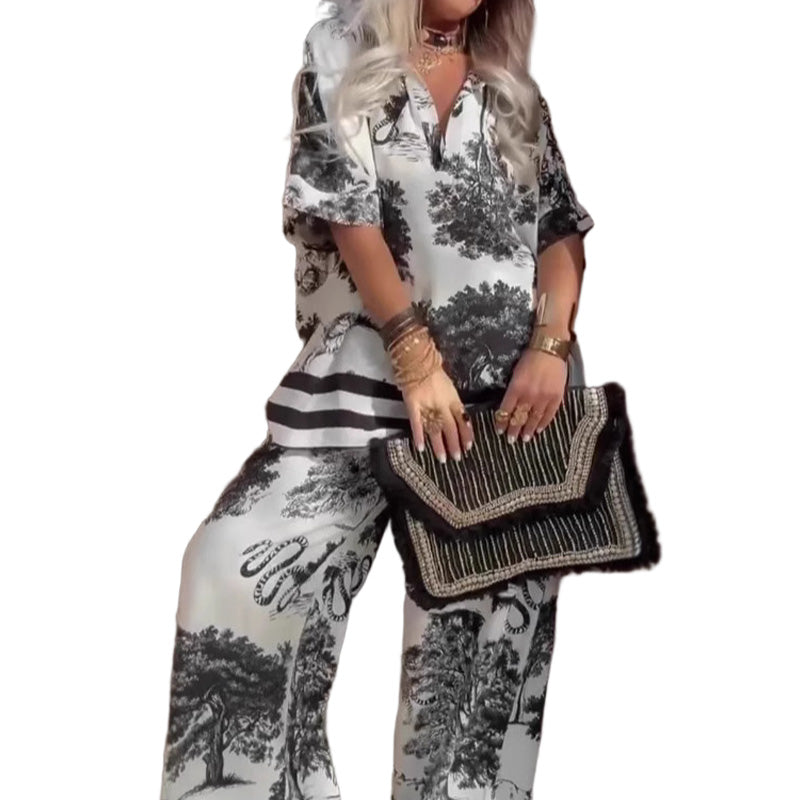 đž55% de rĂ©ductionâš Haut ImprimĂ© Ă Col en V + Pantalon Long â Style ĂlĂ©gant et LĂ©ger pour l'ĂtĂ©