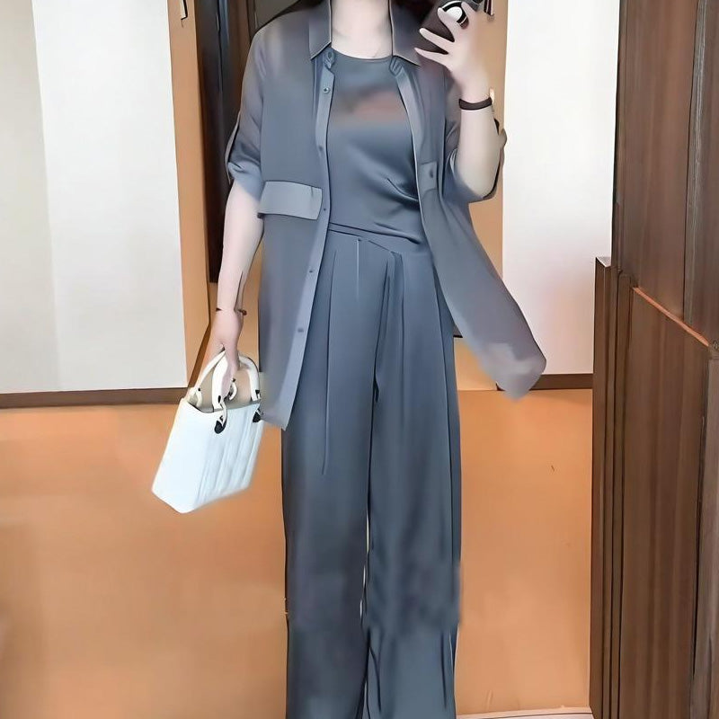 Ensemble 3 pièces femme : veste chemise, débardeur et pantalon