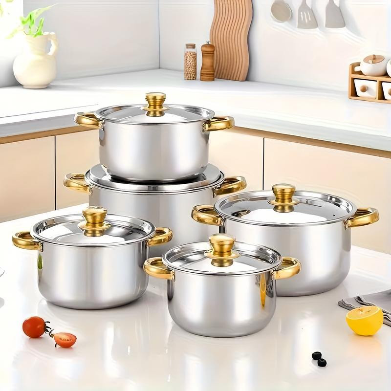 Batterie de cuisine 5 pièces 🍲 Tout le nécessaire pour mijoter, bouillir et faire sauter. Acier inoxydable épais, couvercle transparent, poignée dorée. Compatible avec tous types de plaques de cuisson 🔥