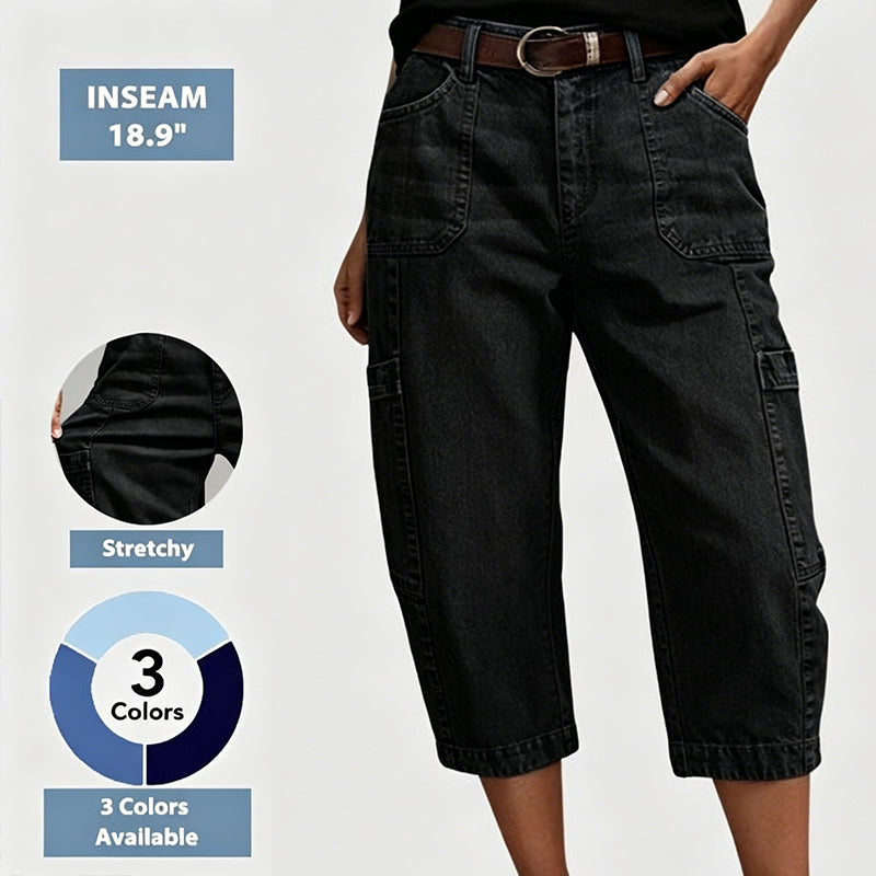 👖 PROMO FLASH 50% ! 📢Pantalon Jean Court Extensible Femme – Coupe Barrel Décontractée, Taille Mi-Haute, Poches Multiples, 2 Coloris, Tailles S-3XL, Idéal Quotidien ✨