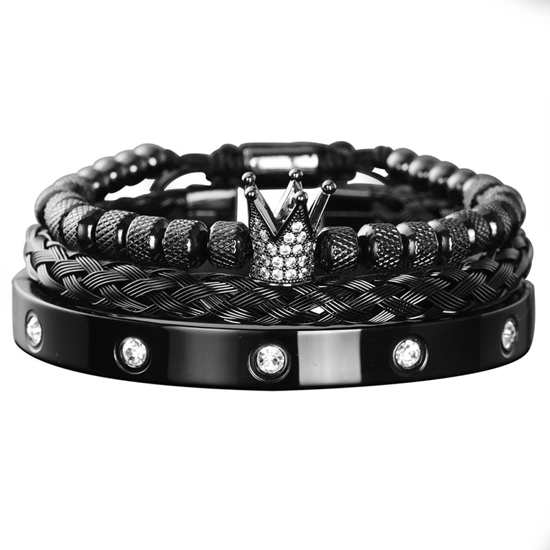 👑 50% DE RÉDUCTION ! 💎 Coffret 3 Bracelets Homme Design Couronne – Acier Inoxydable & Zircon AAA – PVD & Réglable 17–21 cm for Look Luxueux