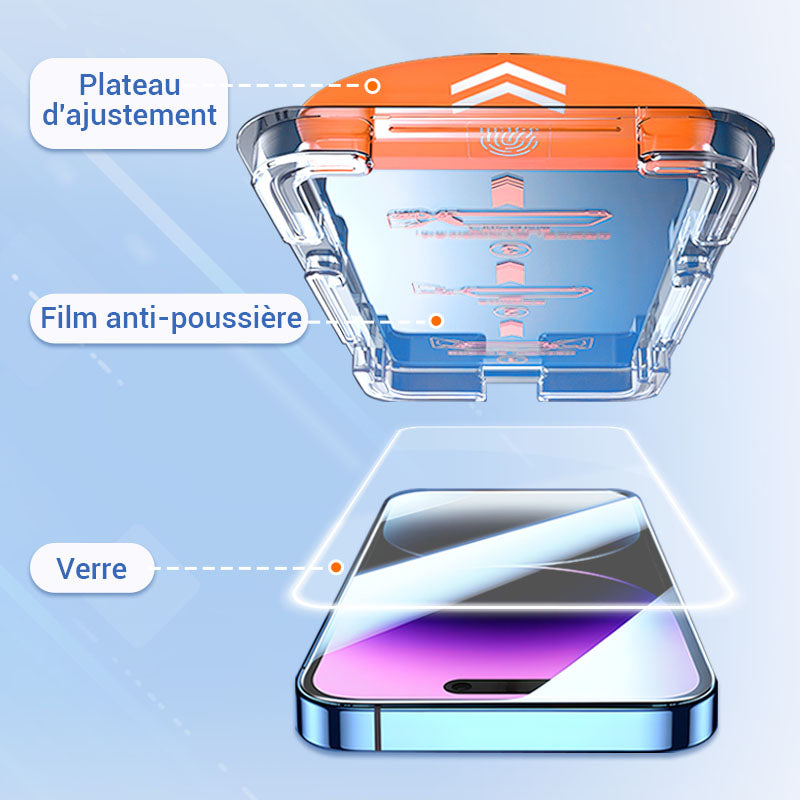 Protection d'écran en verre trempé 4K HD/Anti-Peeping avec élimination automatique de la poussière pour iPhone