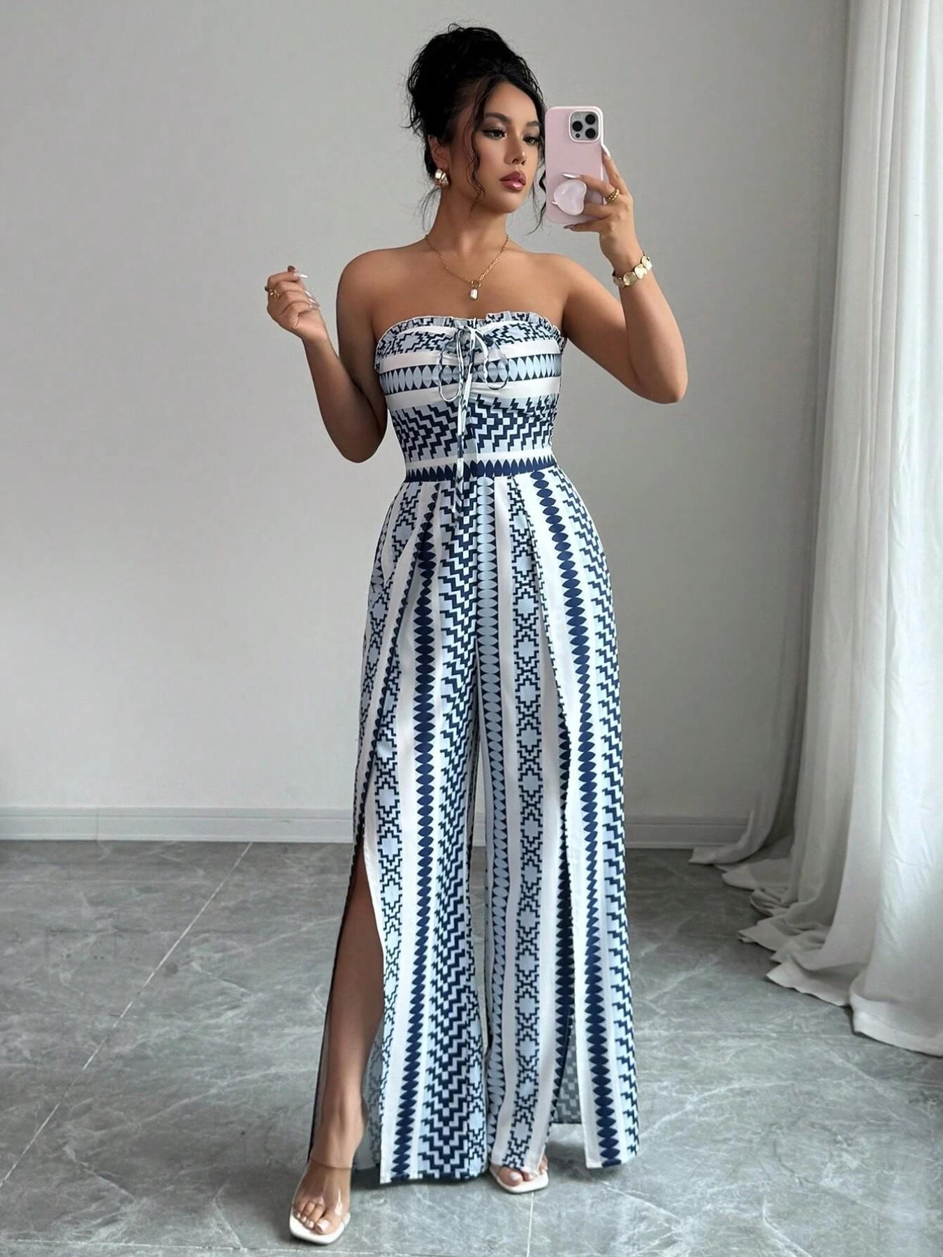 👗💙 PROMO FLASH 50% ! Combinaison Motifs Géométriques – Encolure Dos Nu, Fente Latérale, Tissu Extensible, Tailles S-3XL, Idéale Plage, Bureau & Soirée ✨