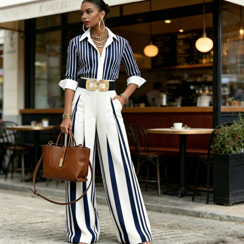 🎁Nouveautés à -60%💥Ensemble chemise rayée et pantalon large – confortable et élégant au quotidien