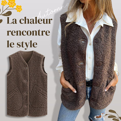 Gilet Court Chaud à Boutons pour Femme en Automne