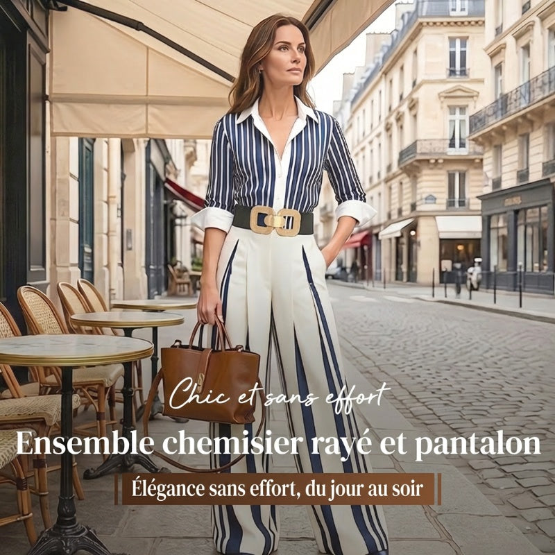 🎁Nouveautés à -60%💥Ensemble chemise rayée et pantalon large – confortable et élégant au quotidien