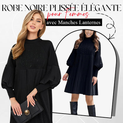 Robe Noire Plissée Élégante avec Manches Lanternes pour Femmes 👗