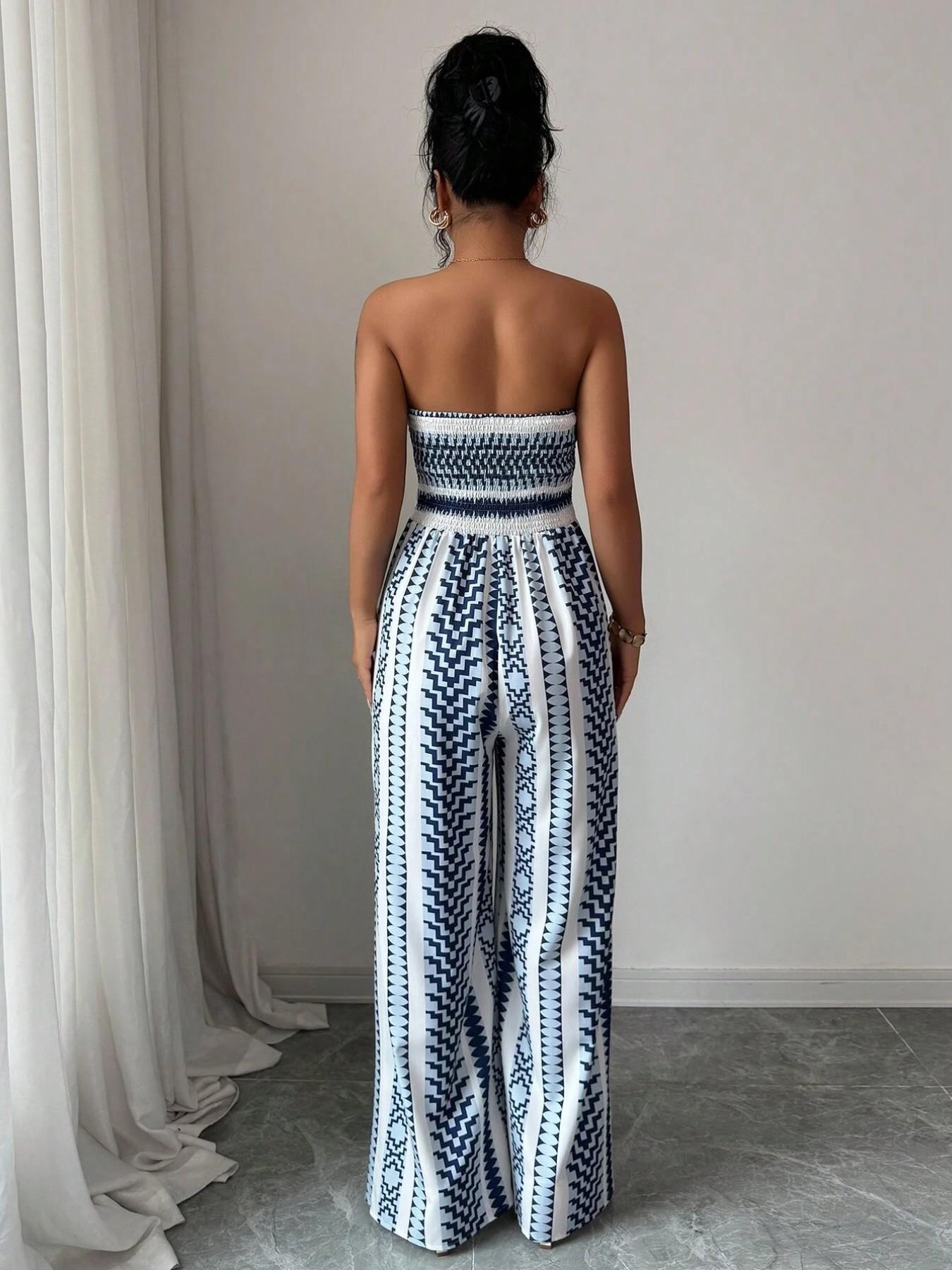 👗💙 PROMO FLASH 50% ! Combinaison Motifs Géométriques – Encolure Dos Nu, Fente Latérale, Tissu Extensible, Tailles S-3XL, Idéale Plage, Bureau & Soirée ✨