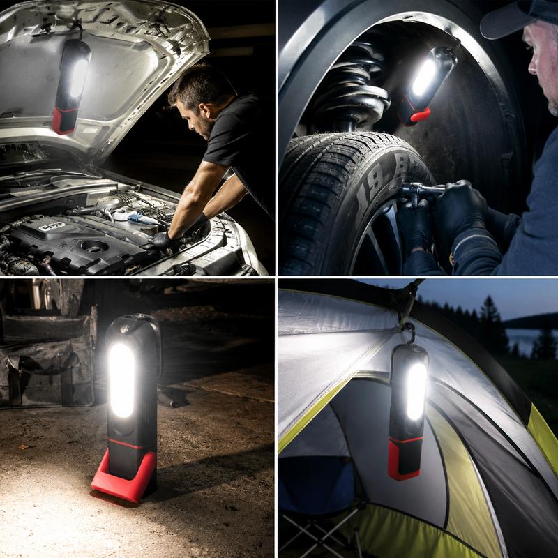 🔥 Lampe de travail rechargeable SAKERPLUS, lampe mécanique magnétique à LED COB de 3 000 lm avec crochet pivotant à 360°, pied réglable à 180°, mode lampe de poche, recharge USB-C, étanchéité IP54, idéale pour la réparation automobile