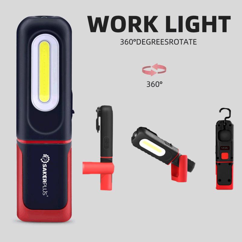 🔥 Lampe de travail rechargeable SAKERPLUS, lampe mécanique magnétique à LED COB de 3 000 lm avec crochet pivotant à 360°, pied réglable à 180°, mode lampe de poche, recharge USB-C, étanchéité IP54, idéale pour la réparation automobile