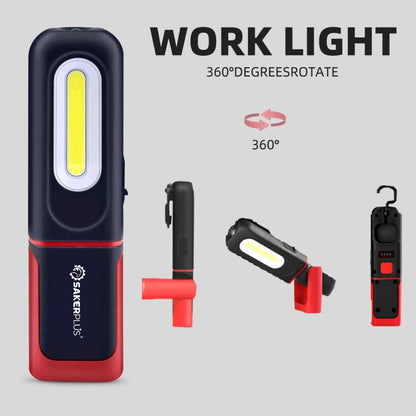 🔥 Lampe de travail rechargeable SAKERPLUS, lampe mécanique magnétique à LED COB de 3 000 lm avec crochet pivotant à 360°, pied réglable à 180°, mode lampe de poche, recharge USB-C, étanchéité IP54, idéale pour la réparation automobile