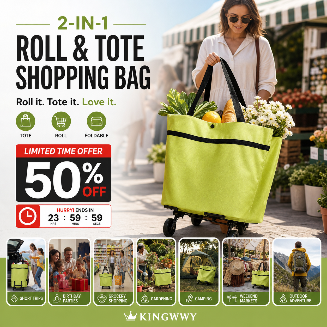 🎉 Soldes 2026 — Plus de 36 000 vendus 🛒 Chariot Courses 2 en 1 Pliable Léger 🛍️