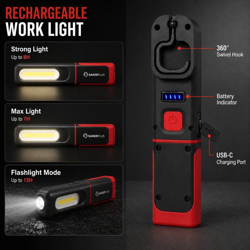 🔥 Lampe de travail rechargeable SAKERPLUS, lampe mécanique magnétique à LED COB de 3 000 lm avec crochet pivotant à 360°, pied réglable à 180°, mode lampe de poche, recharge USB-C, étanchéité IP54, idéale pour la réparation automobile