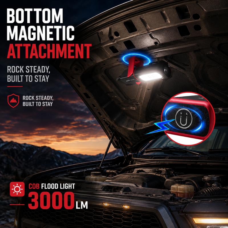 🔥 Lampe de travail rechargeable SAKERPLUS, lampe mécanique magnétique à LED COB de 3 000 lm avec crochet pivotant à 360°, pied réglable à 180°, mode lampe de poche, recharge USB-C, étanchéité IP54, idéale pour la réparation automobile