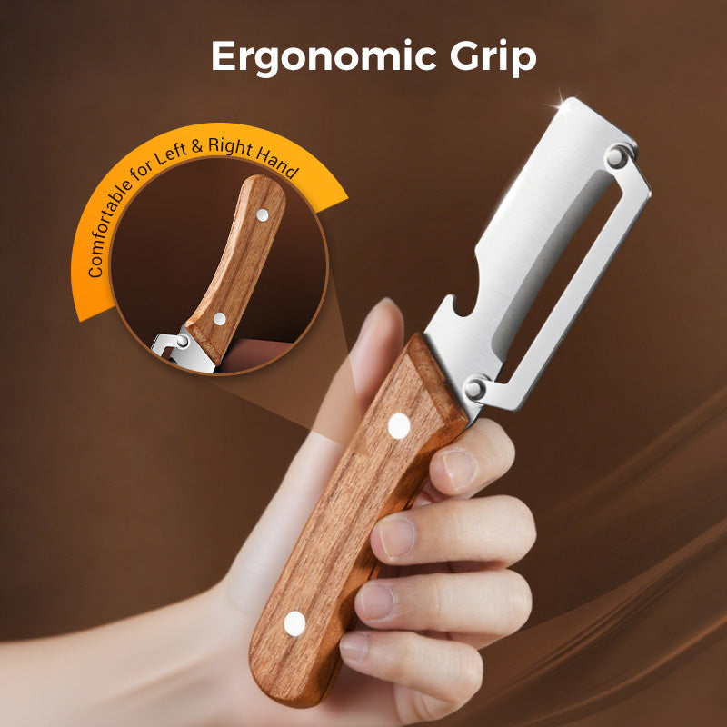 Éplucheur en acier inoxydable 🔪✨ Lame affûtée avec précision, ultra-fine, large ouverture incurvée, gain de temps et d'efforts, ouvre-bouteille 2 en 1 🍾