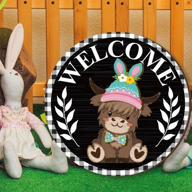 🐇SPRING 2026 HOT SELLER💥Panneau de bienvenue interchangeable Highland Cow avec aimant, chapeaux amovibles et jolis bovins à suspendre
