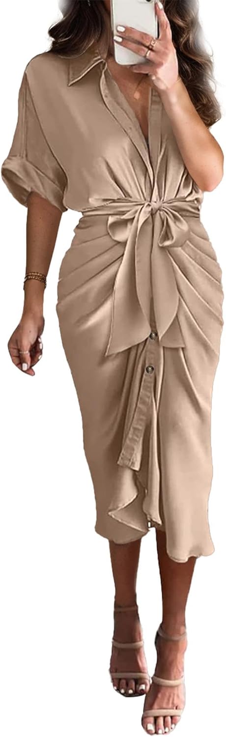 🔥Robe chemise boutonnée en satin pour femme