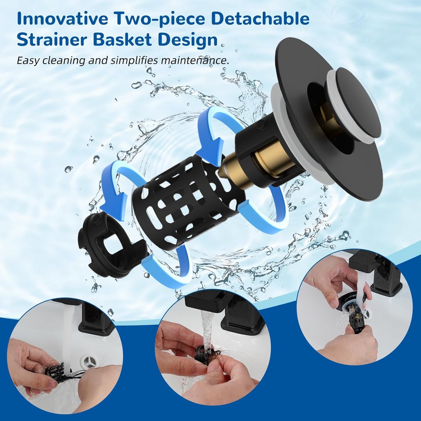 Filtre de vidange 3-en-1 amélioré Hibbent pour lavabo, bouchon à ressort universel, panier à cheveux amovible en acier inoxydable, bouchon de lavabo de 1,1 à 2,36 pouces, cartouche en laiton, noir mat