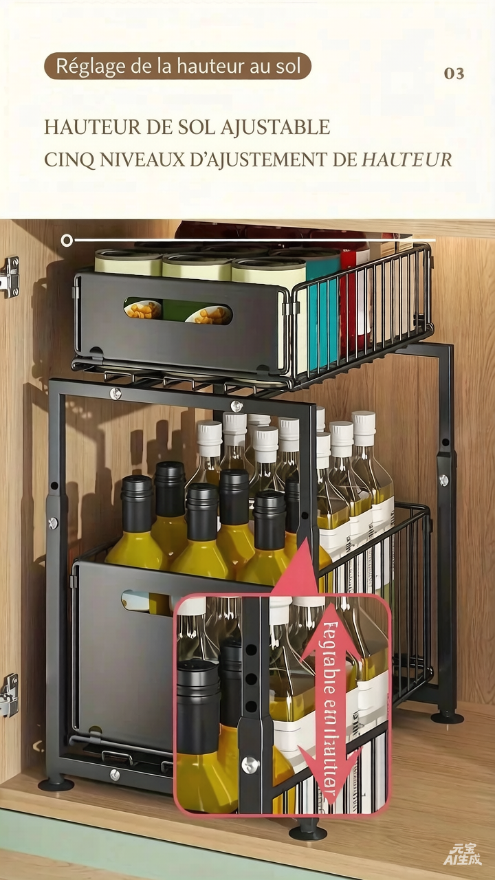 💪🥫 PROMO FLASH 50% ! Étagère Double Coulissante Organisateur de Placard – 5 Hauteurs Réglables, 2 Plateaux, Acier Carbone, Grande Capacité, Sans Installation ✨