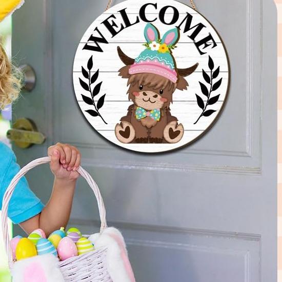 🐇SPRING 2026 HOT SELLER💥Panneau de bienvenue interchangeable Highland Cow avec aimant, chapeaux amovibles et jolis bovins à suspendre