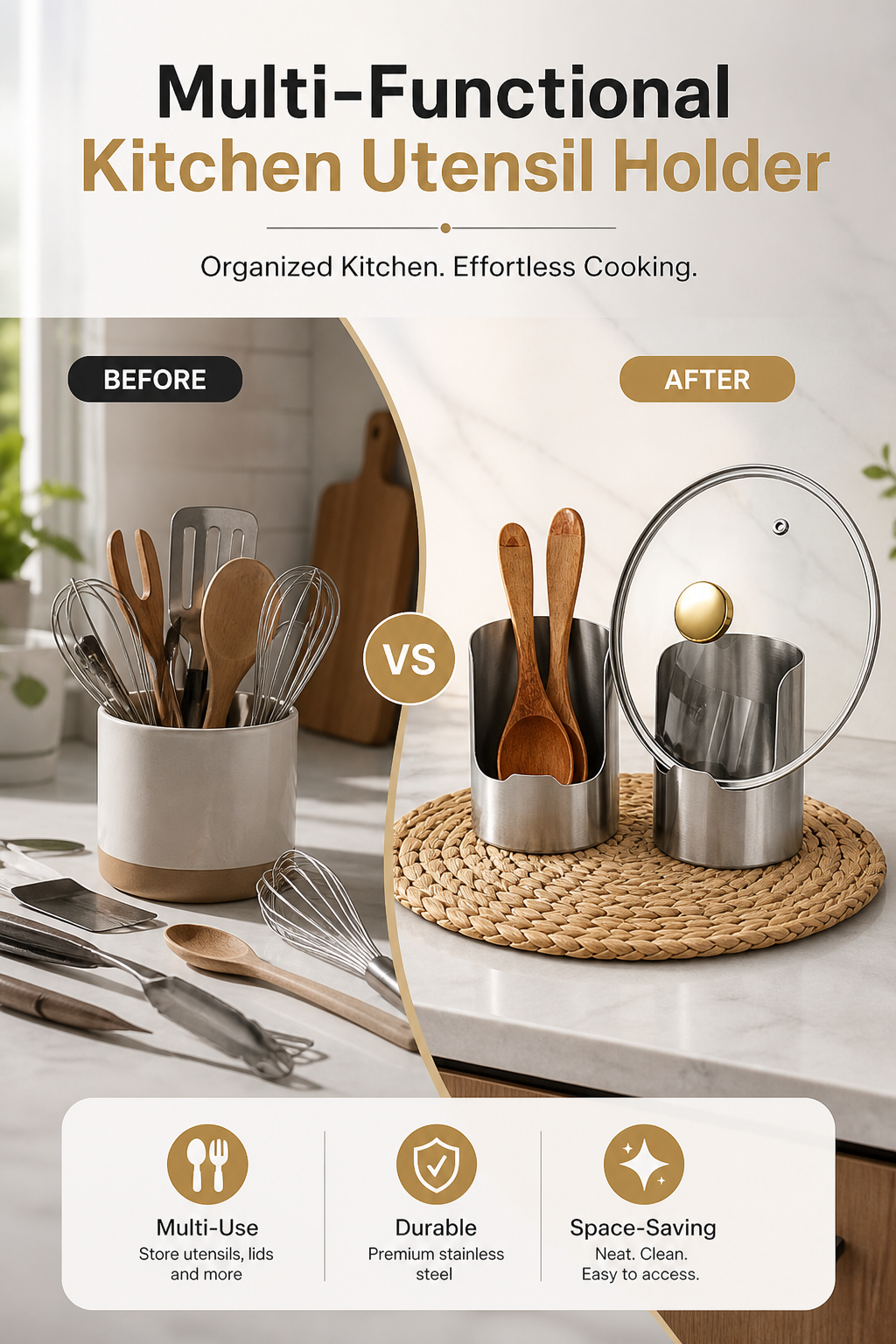 🔥 50 % DE RÉDUCTION ! 🍳 🧂Organisateur d’Ustensiles de Cuisine Multifonctionnel – Acier Inoxydable