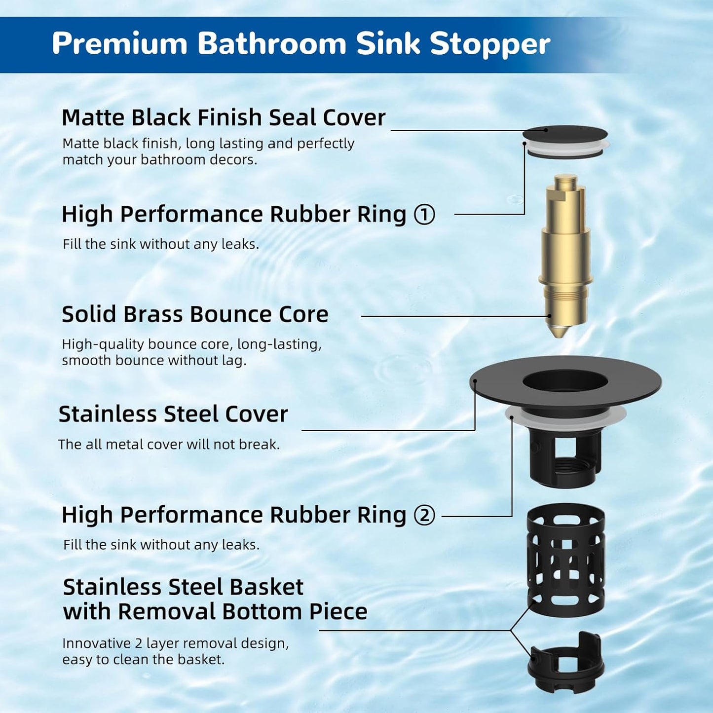 Filtre de vidange 3-en-1 amélioré Hibbent pour lavabo, bouchon à ressort universel, panier à cheveux amovible en acier inoxydable, bouchon de lavabo de 1,1 à 2,36 pouces, cartouche en laiton, noir mat