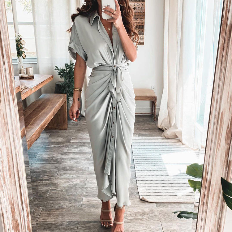 🔥Robe chemise boutonnée en satin pour femme