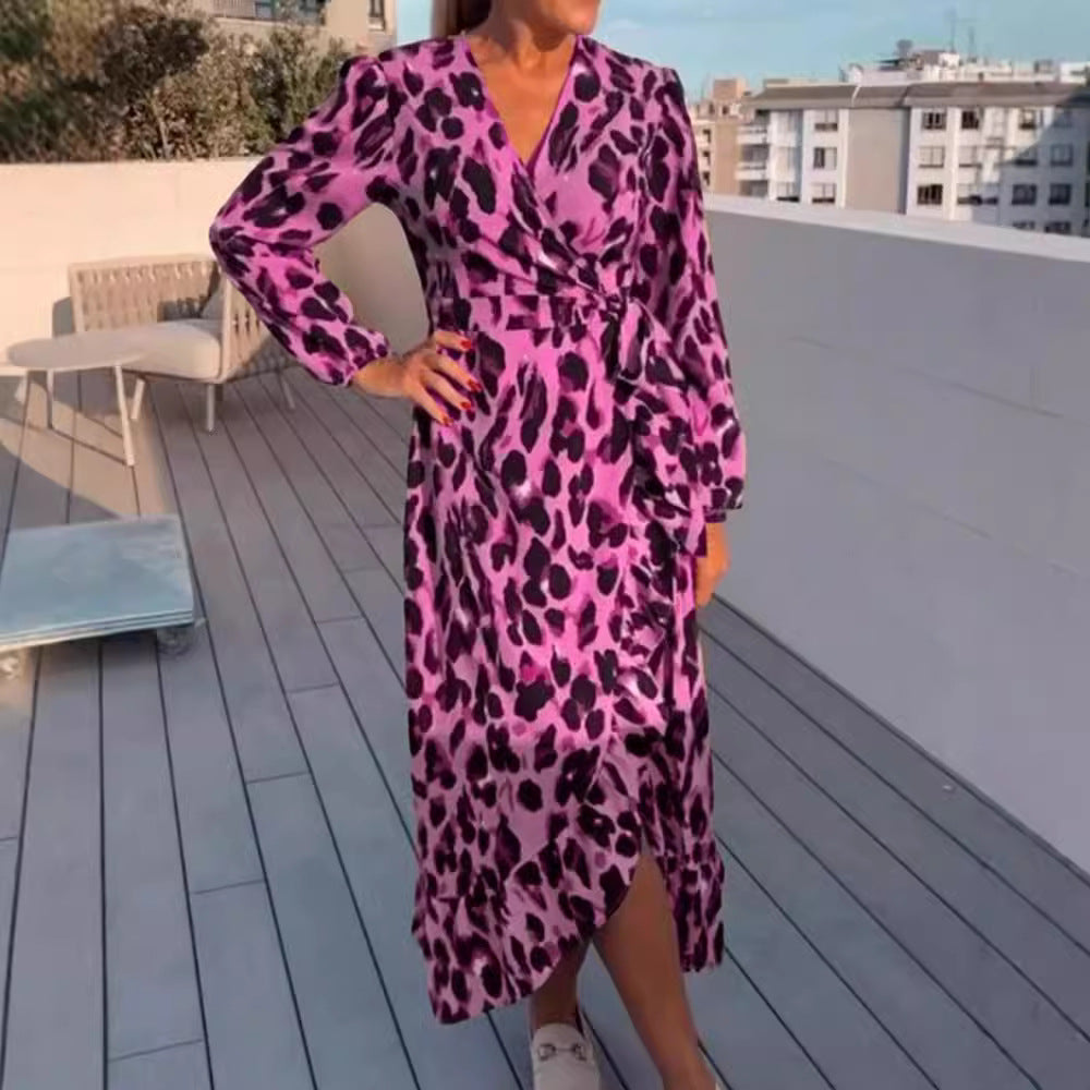 💕Rabais automne 50%💕Robe imprimée léopard à col en V