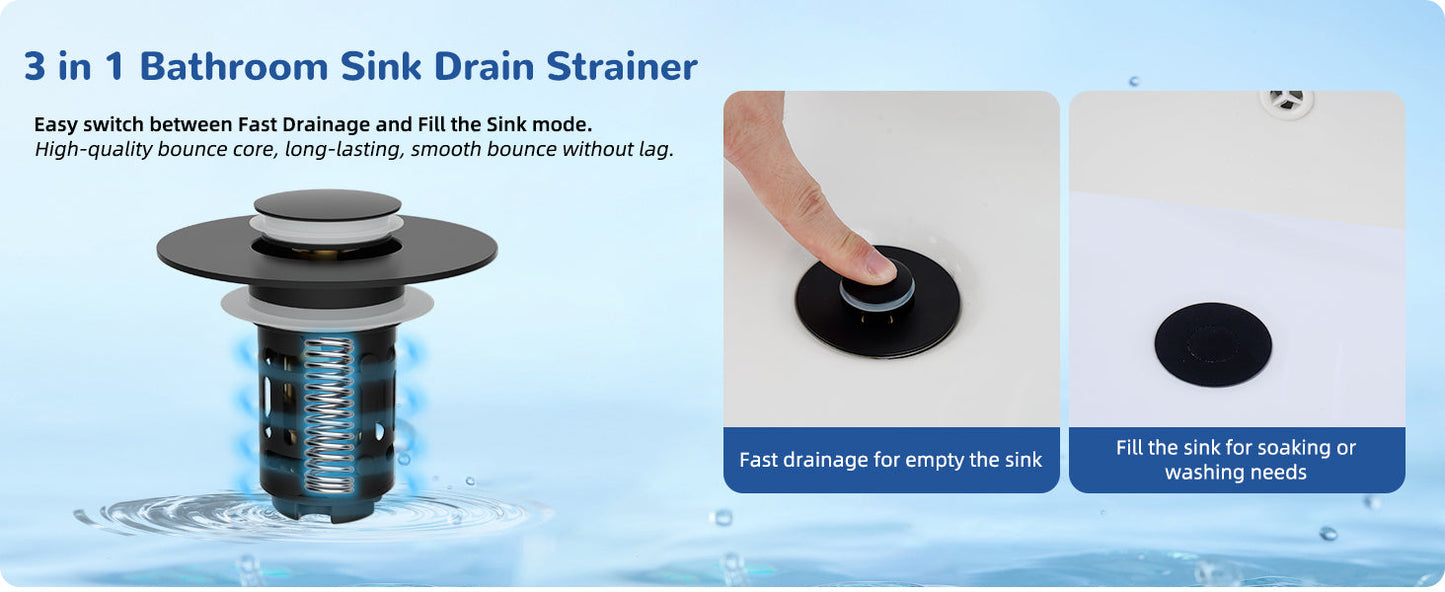 Filtre de vidange 3-en-1 amélioré Hibbent pour lavabo, bouchon à ressort universel, panier à cheveux amovible en acier inoxydable, bouchon de lavabo de 1,1 à 2,36 pouces, cartouche en laiton, noir mat