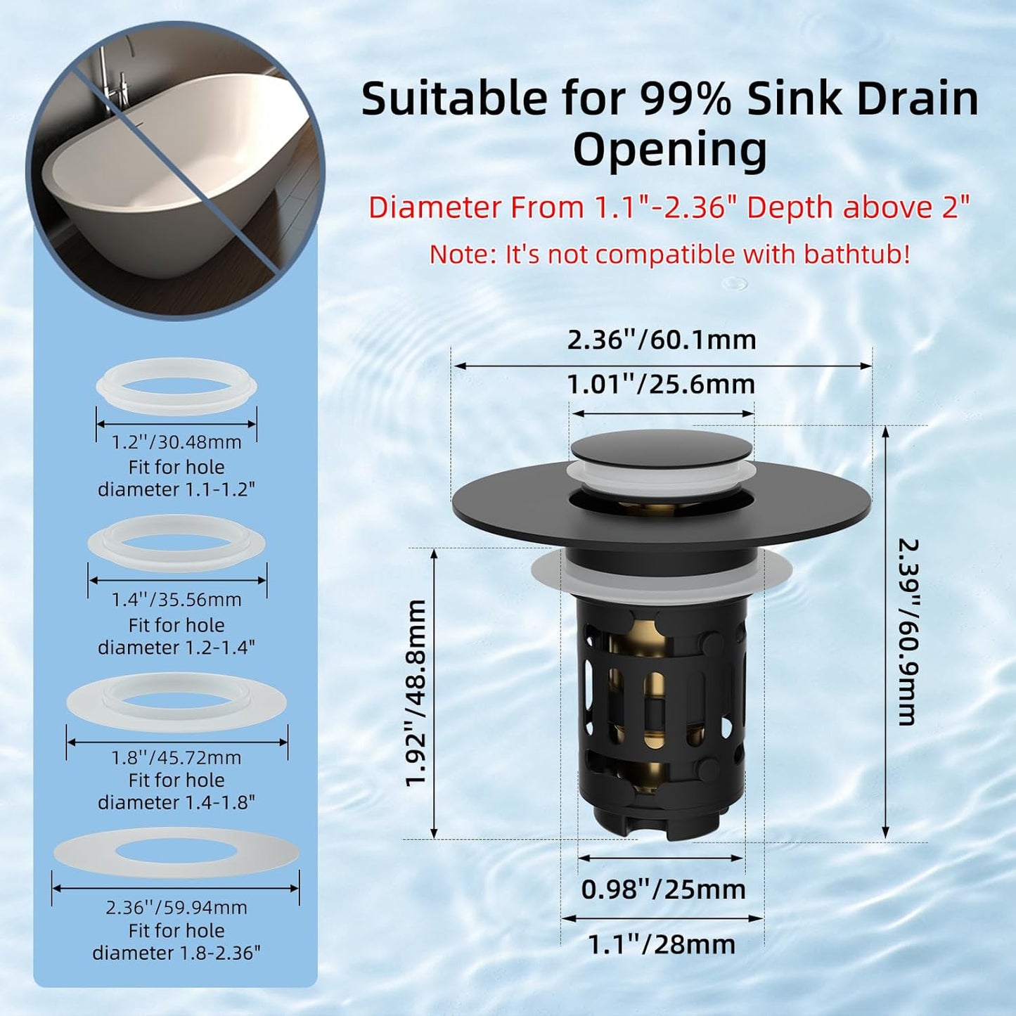 Filtre de vidange 3-en-1 amélioré Hibbent pour lavabo, bouchon à ressort universel, panier à cheveux amovible en acier inoxydable, bouchon de lavabo de 1,1 à 2,36 pouces, cartouche en laiton, noir mat