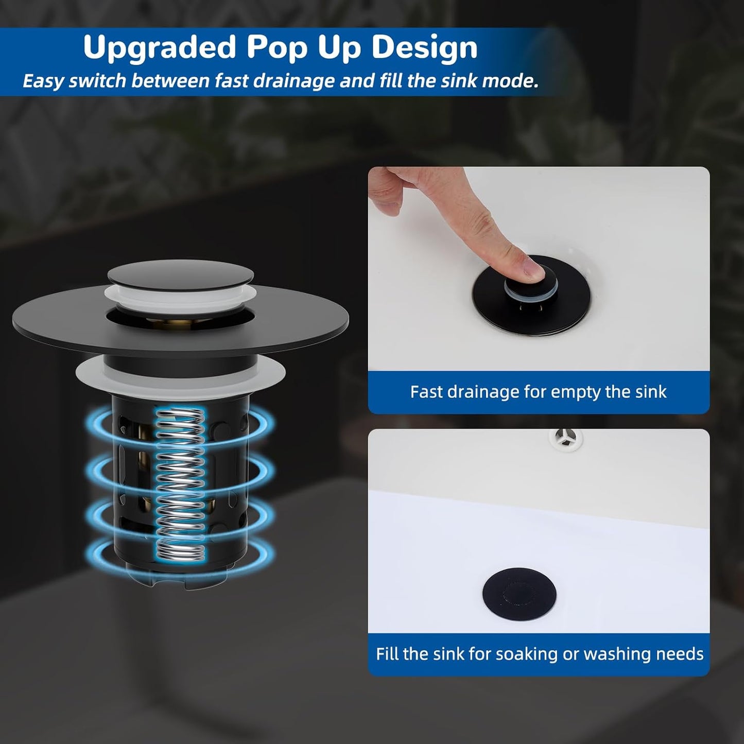 Filtre de vidange 3-en-1 amélioré Hibbent pour lavabo, bouchon à ressort universel, panier à cheveux amovible en acier inoxydable, bouchon de lavabo de 1,1 à 2,36 pouces, cartouche en laiton, noir mat