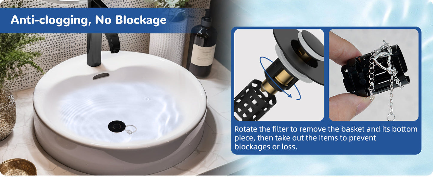 Filtre de vidange 3-en-1 amélioré Hibbent pour lavabo, bouchon à ressort universel, panier à cheveux amovible en acier inoxydable, bouchon de lavabo de 1,1 à 2,36 pouces, cartouche en laiton, noir mat