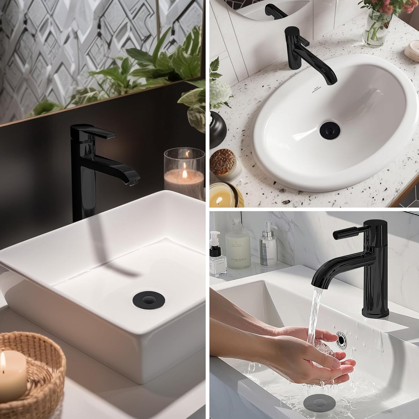 Filtre de vidange 3-en-1 amélioré Hibbent pour lavabo, bouchon à ressort universel, panier à cheveux amovible en acier inoxydable, bouchon de lavabo de 1,1 à 2,36 pouces, cartouche en laiton, noir mat