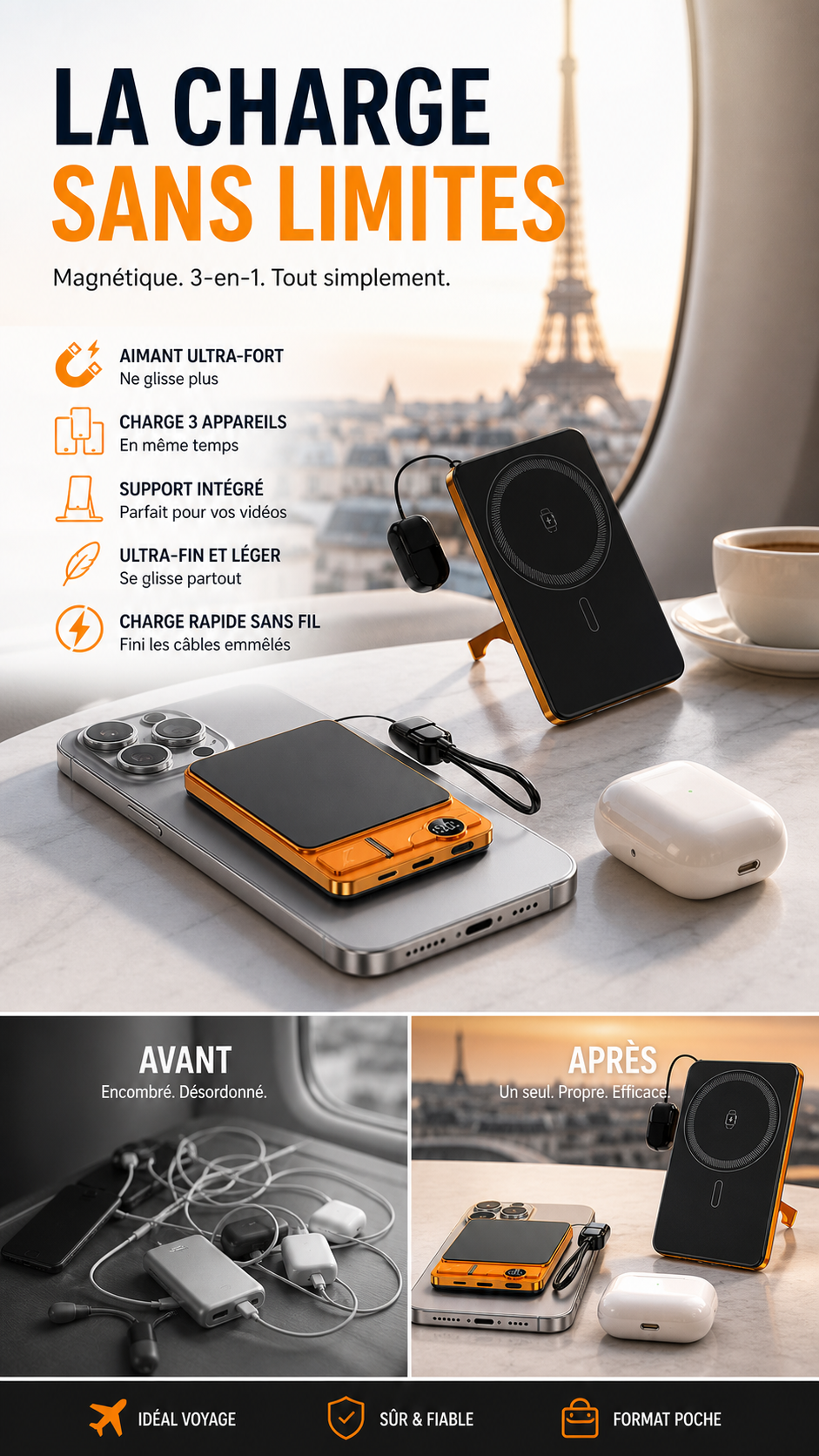 🔋 OFFRE LIMITÉE : 50 % DE RÉDUCTION ! ✨ Chargeur portable magnétique 3 en 1 – Sans fil, support intégré, ultra-fin 🍃