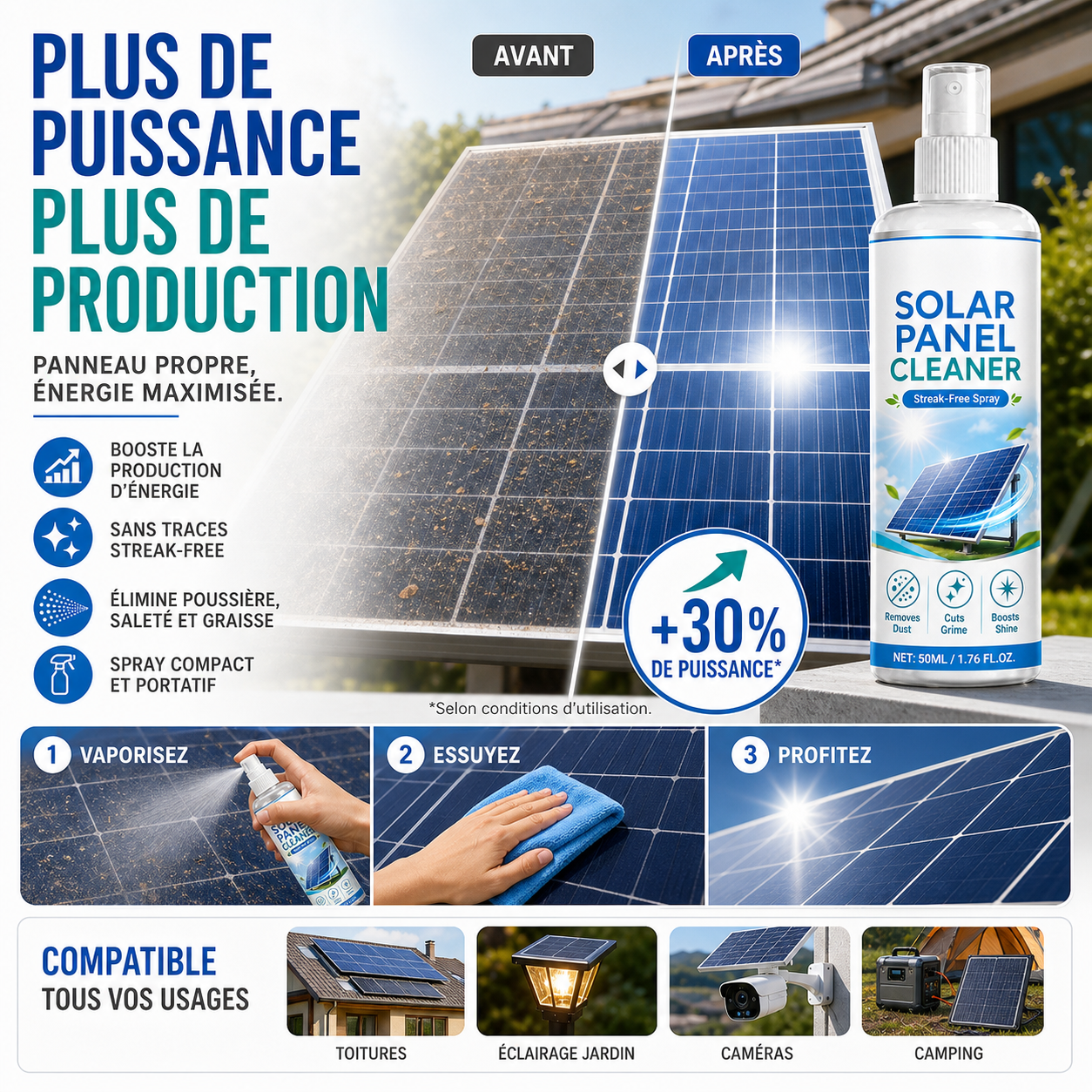 🛒 50 % DE RÉDUCTION EN CE MOMENT ! ☀️ Spray nettoyant avancé pour panneaux solaires – Élimine efficacement la saleté et améliore le rendement énergétique – Produit d'extérieur facile à utiliser 💧