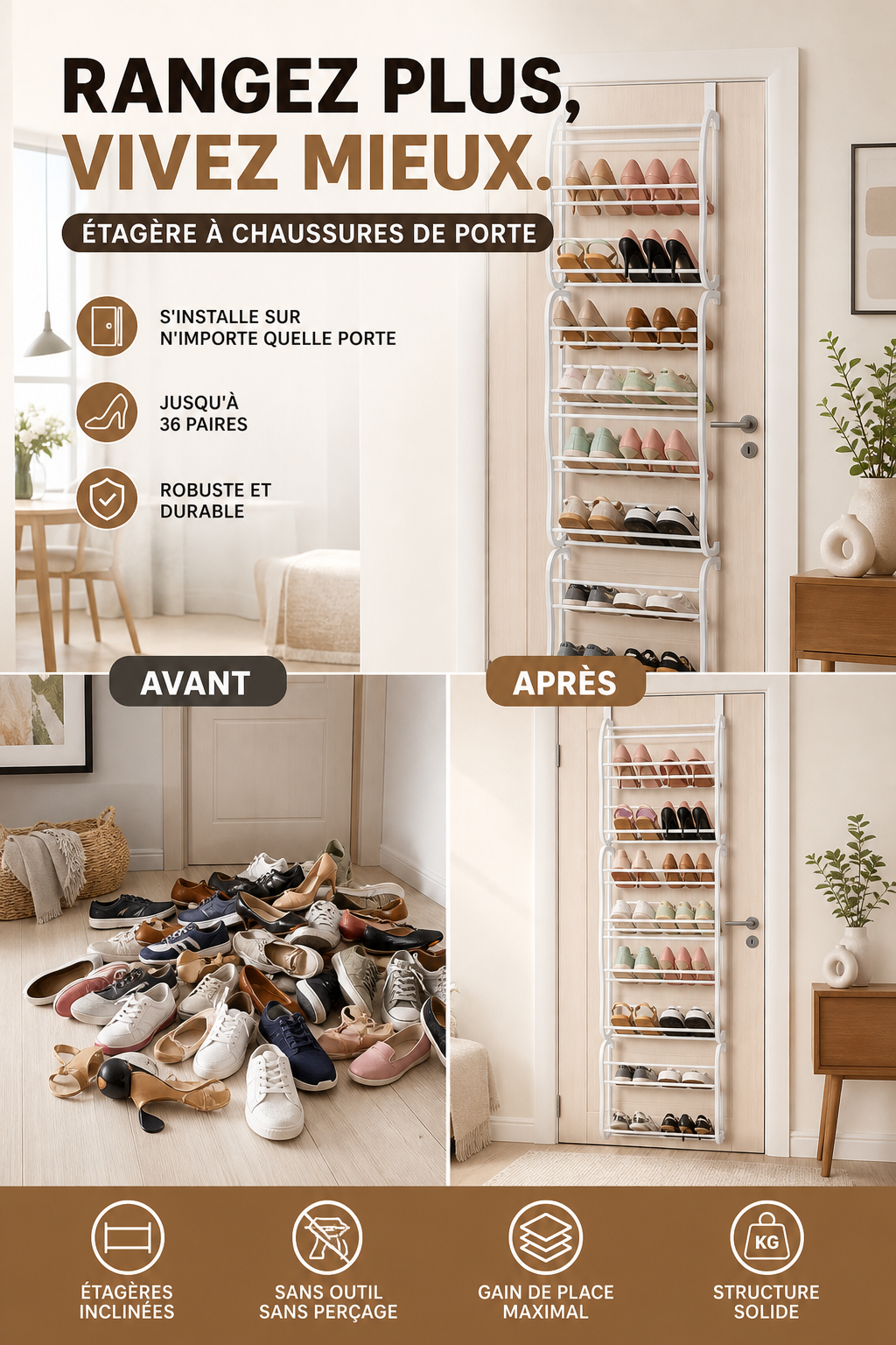 👟🔥 -50% ! Organisateur Chaussures Suspendu Porte – Jusqu'à 36 Paires Métal Robuste Stable, Étagères Inclinées Anti-Glissement Talons Bottes Baskets, Installation Sans Outils Secondes · 3 Coloris · 4-8-12 Étages ✨