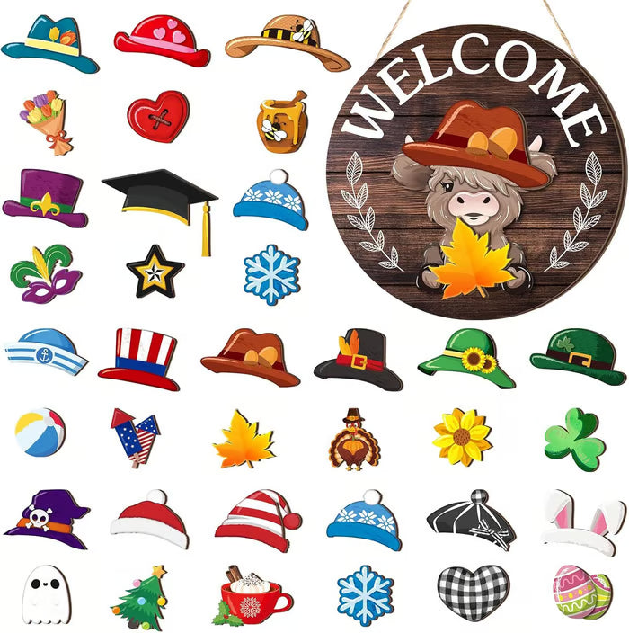 🐇SPRING 2026 HOT SELLER💥Panneau de bienvenue interchangeable Highland Cow avec aimant, chapeaux amovibles et jolis bovins à suspendre