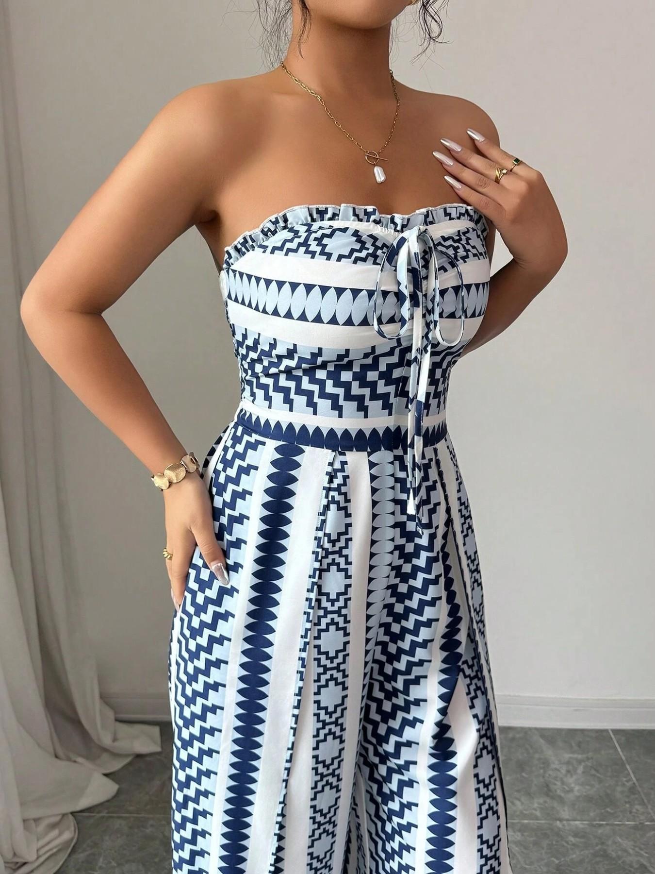 👗💙 PROMO FLASH 50% ! Combinaison Motifs Géométriques – Encolure Dos Nu, Fente Latérale, Tissu Extensible, Tailles S-3XL, Idéale Plage, Bureau & Soirée ✨