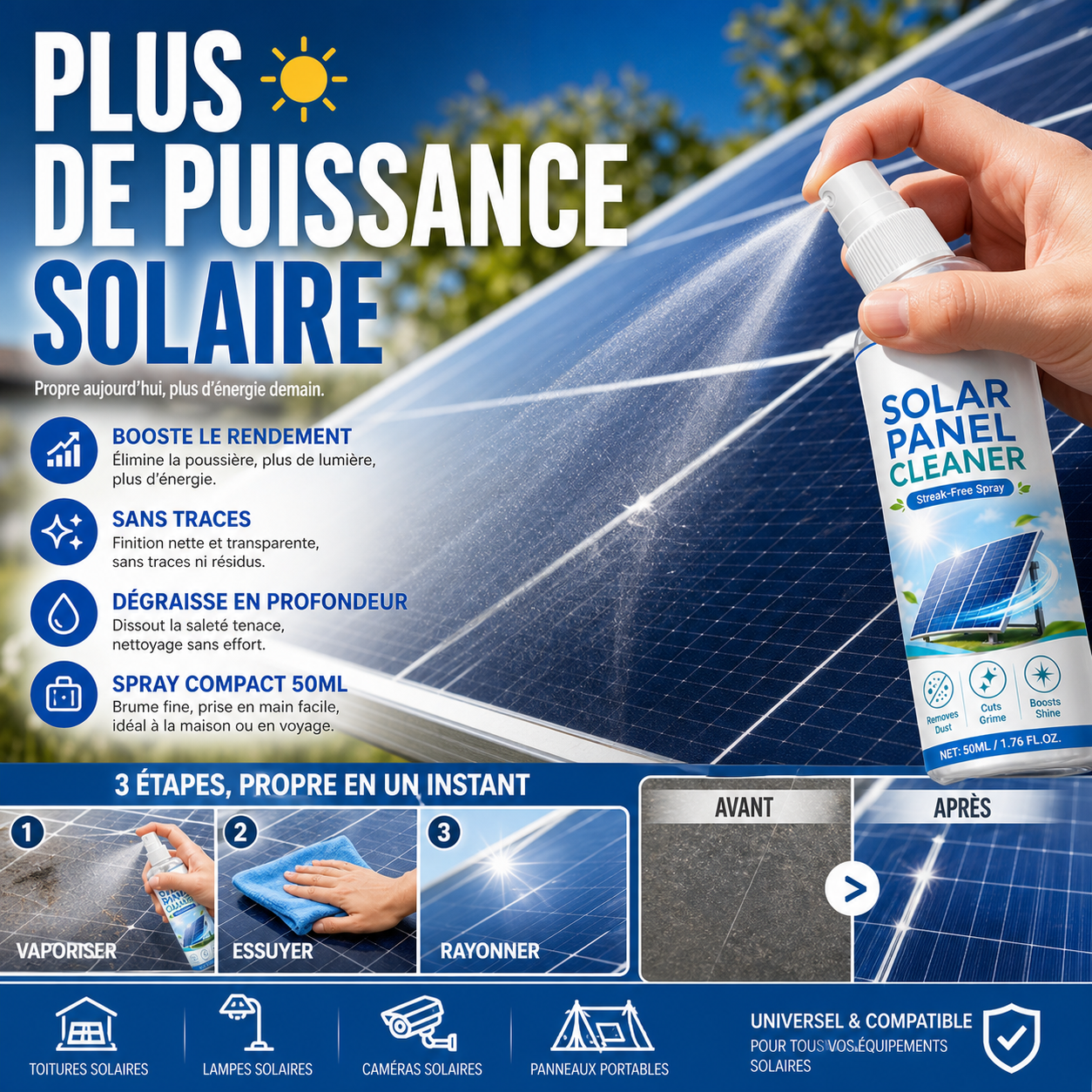 🛒 50 % DE RÉDUCTION EN CE MOMENT ! ☀️ Spray nettoyant avancé pour panneaux solaires – Élimine efficacement la saleté et améliore le rendement énergétique – Produit d'extérieur facile à utiliser 💧