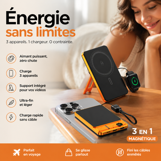 🔋 OFFRE LIMITÉE : 50 % DE RÉDUCTION ! ✨ Chargeur portable magnétique 3 en 1 – Sans fil, support intégré, ultra-fin 🍃