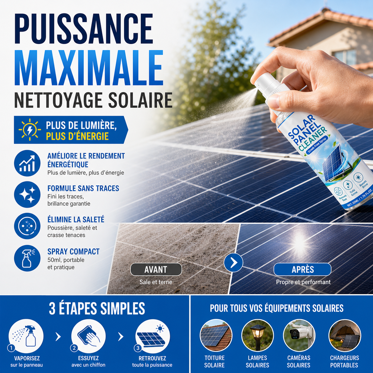 🛒 50 % DE RÉDUCTION EN CE MOMENT ! ☀️ Spray nettoyant avancé pour panneaux solaires – Élimine efficacement la saleté et améliore le rendement énergétique – Produit d'extérieur facile à utiliser 💧